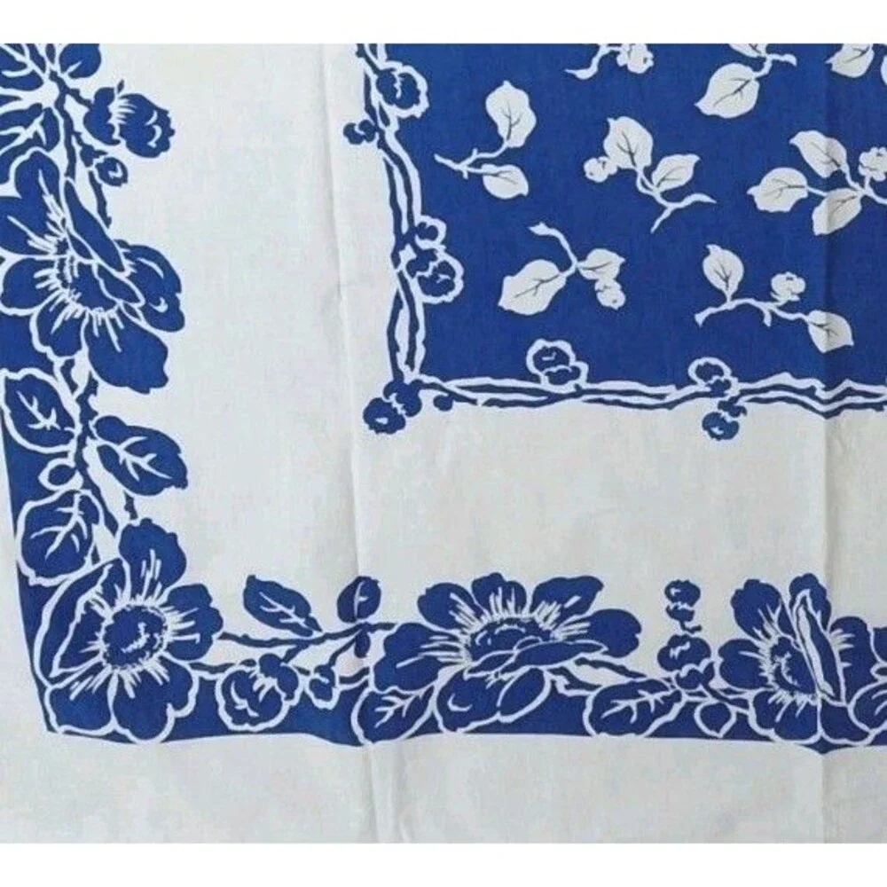 Vtg Blue White Floral Table Cloth Square Bridge Table 1950's 44x46